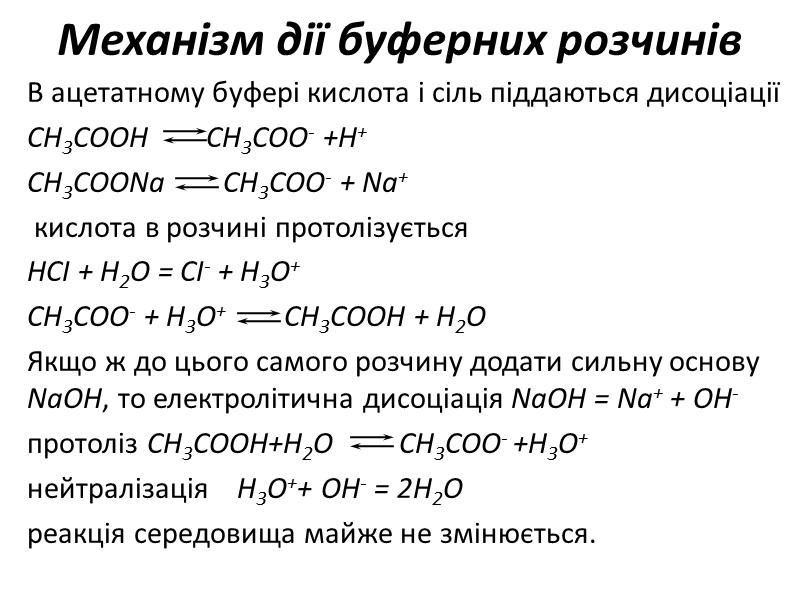 Механізм дії буферних розчинів В ацетатному буфері кислота і сіль піддаються дисоціації СН3СООН 